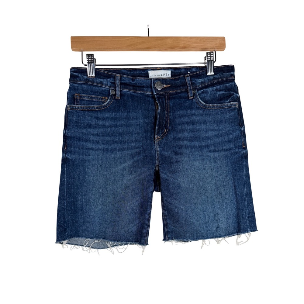 Made & Loved LOFT Women's Dark Wash Stretch Cut Off Bermuda Jean Shorts‎ sz 26/2